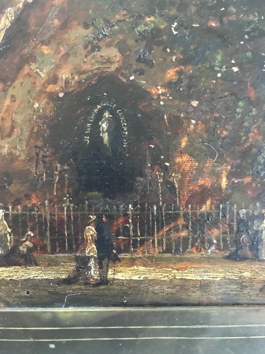 Painting View Of The Cave Of Lourdes Oil On Panel Circa 1910-photo-4