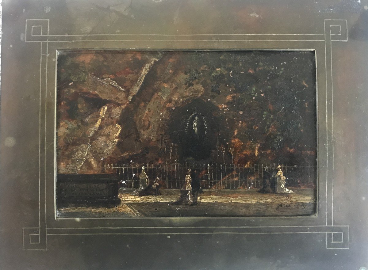 Painting View Of The Cave Of Lourdes Oil On Panel Circa 1910