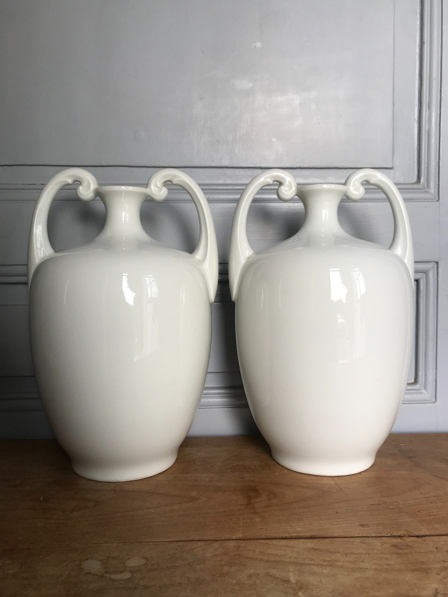 Pair Of Art Deco Period Vases In White Limoges Porcelain