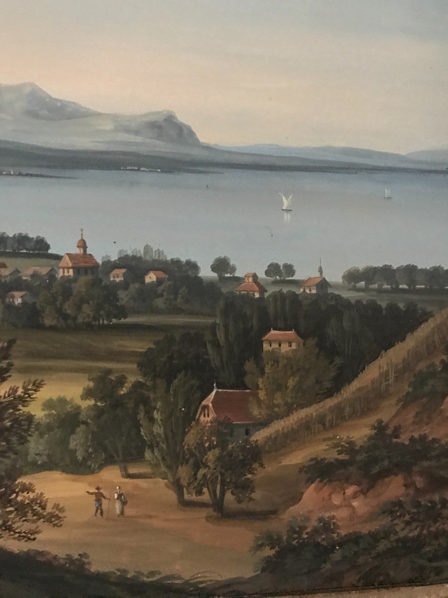 View Of The City Of Lausanne And Lake Geneva, Gouache And Watercolor, Early 19th Century-photo-4