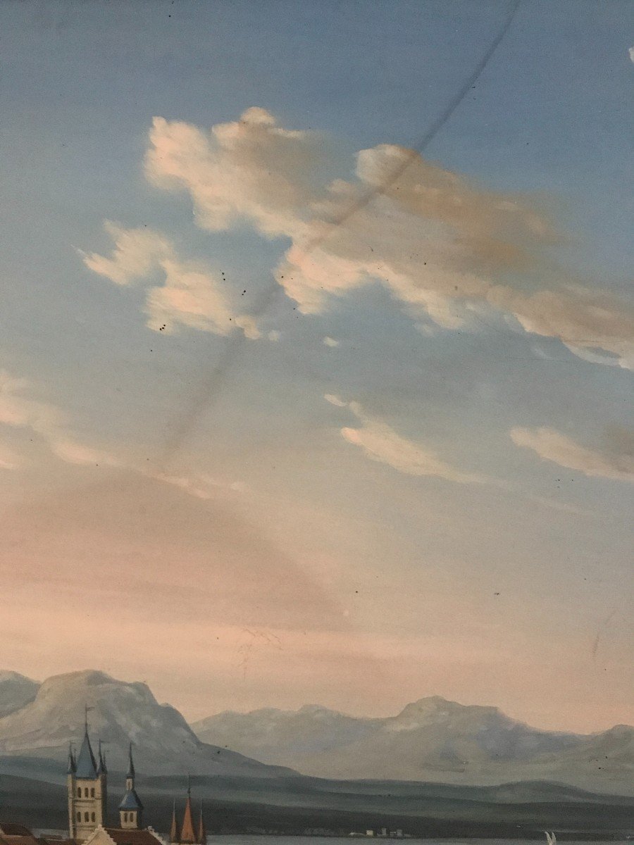 Vue De La Ville De Lausanne Et Du Lac De Genève , Gouache Et Aquarelle Début XIXèm siècle-photo-4