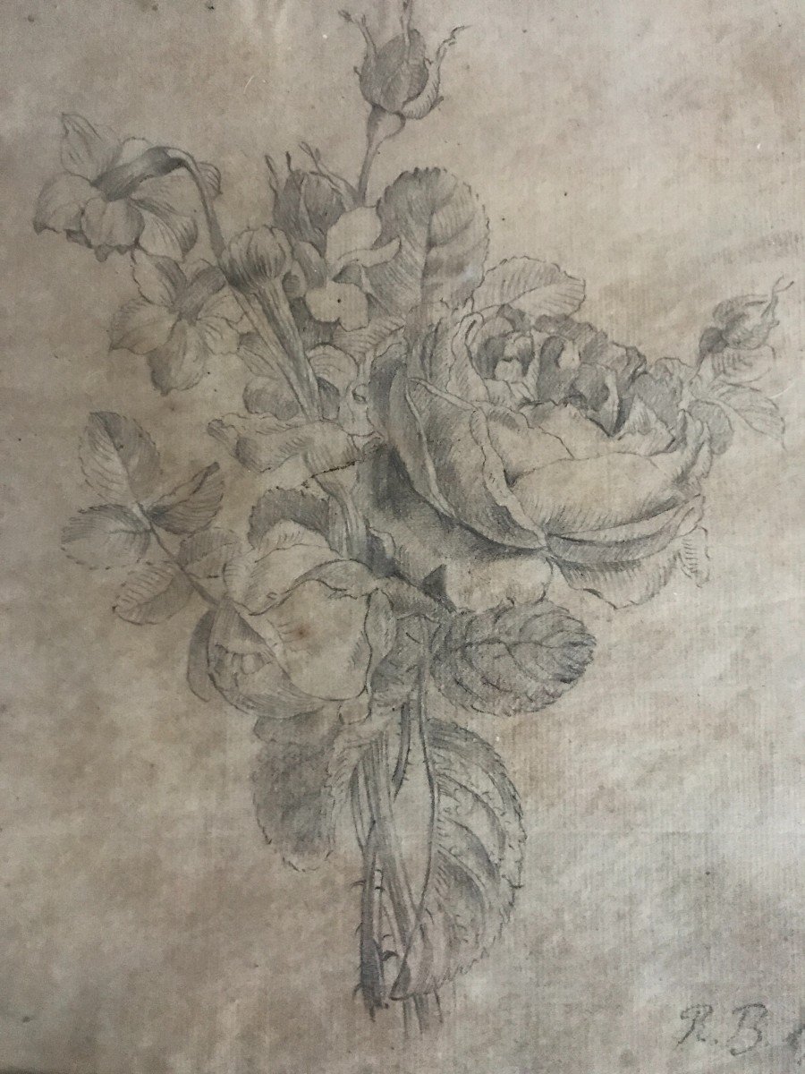 Dessin XVIIIème Siècle , étude De Fleurs Daté1792 Et Monogrammé Rb-photo-2