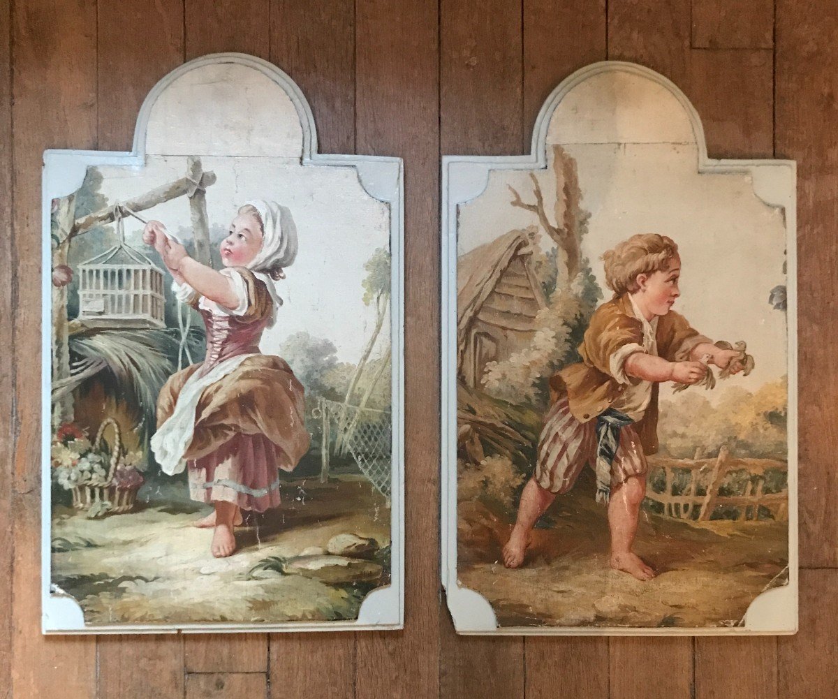 2 Panels Of Woodwork Painted In The Style Of François Boucher 19th Century