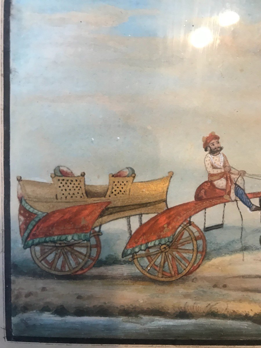 Indian Miniature, Horses And Carriage, 19th Century -photo-2