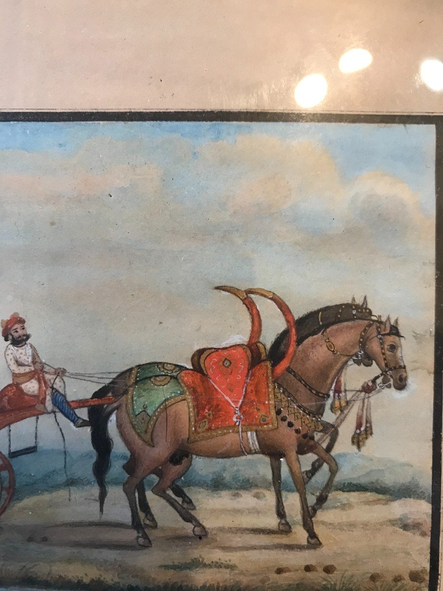 Indian Miniature, Horses And Carriage, 19th Century -photo-3