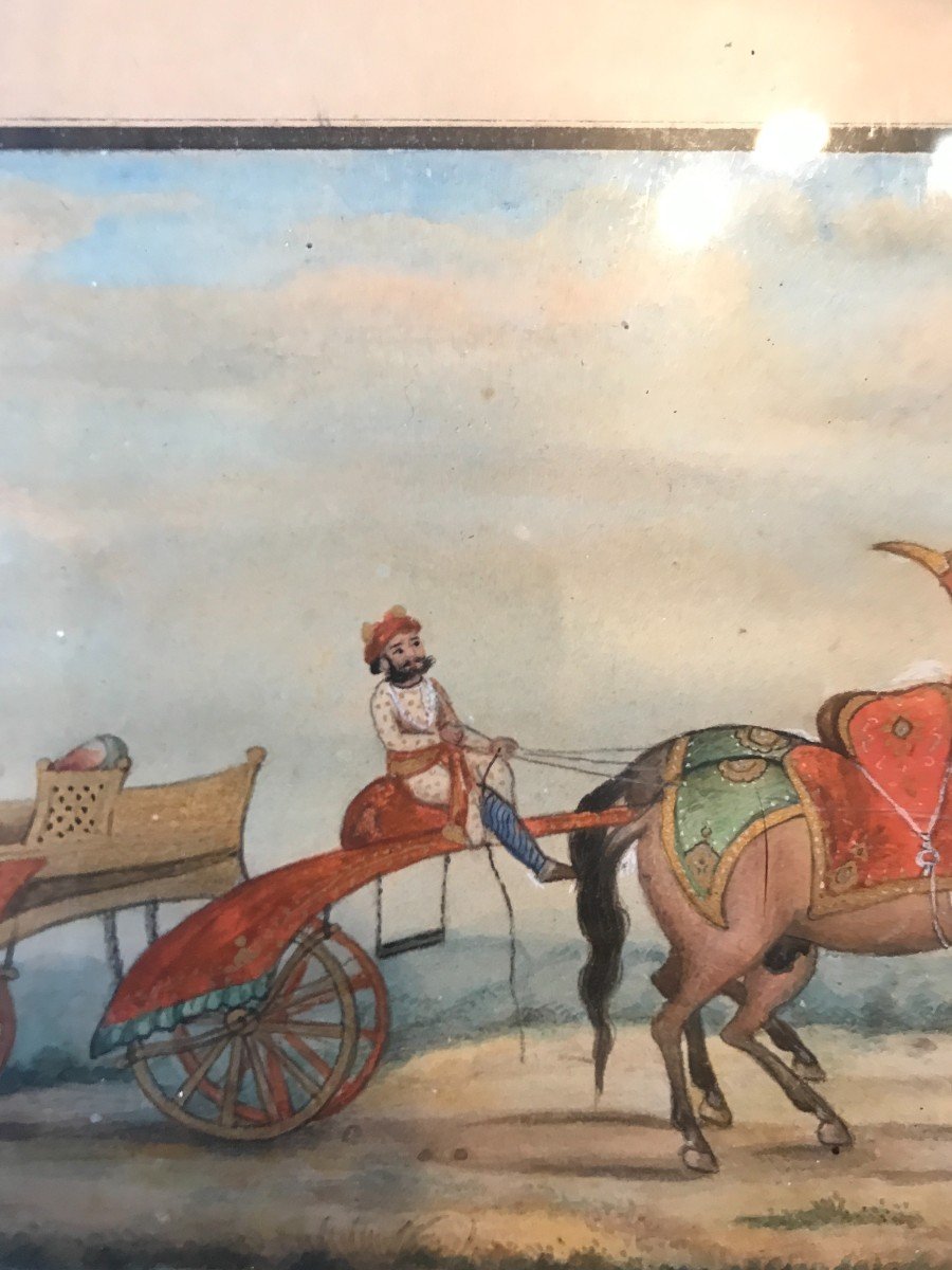 Indian Miniature, Horses And Carriage, 19th Century -photo-4