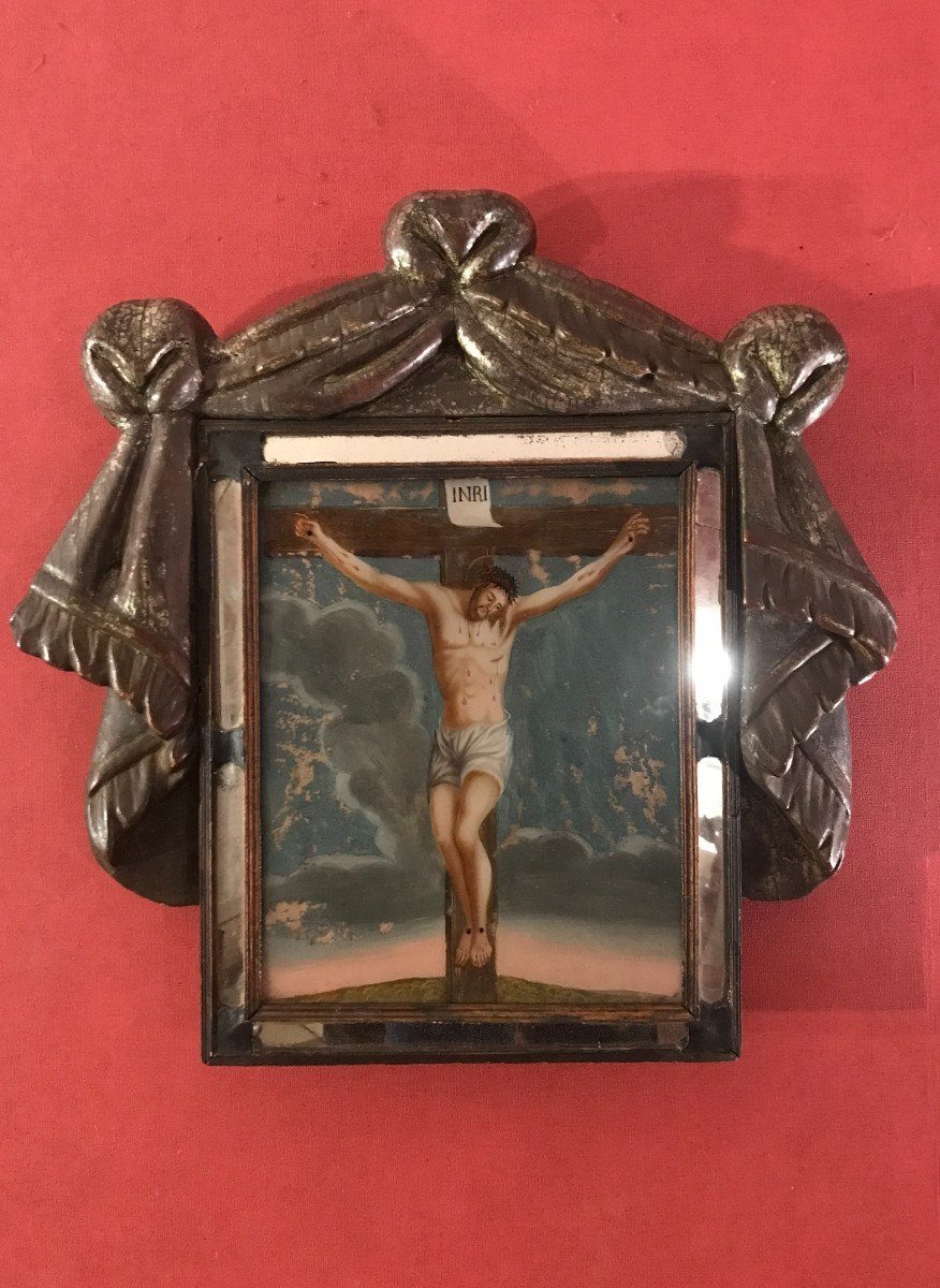 Fixed Under Glass, Christ On The Cross, Silvered Wood Frame, Italy 18th Century