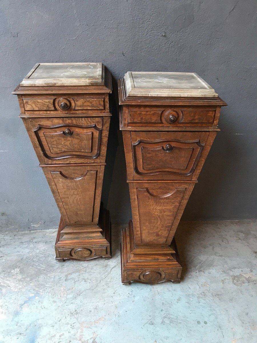 Pair Of Bedside Tables In Burl Walnut With Marble Top, Louis Philippe Period-photo-2