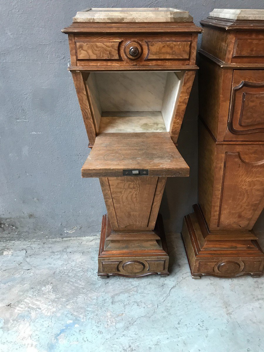 Pair Of Bedside Tables In Burl Walnut With Marble Top, Louis Philippe Period-photo-4