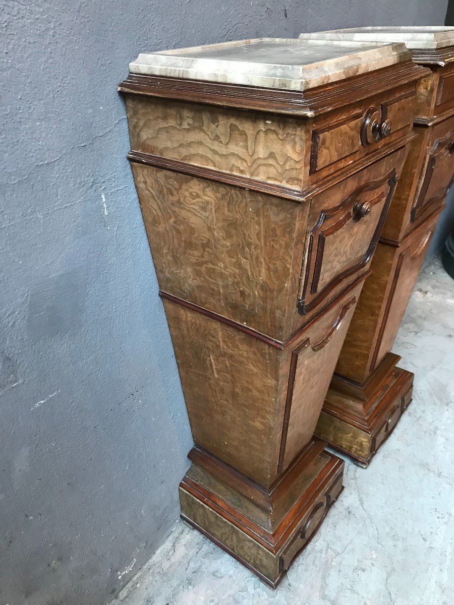 Pair Of Bedside Tables In Burl Walnut With Marble Top, Louis Philippe Period-photo-1