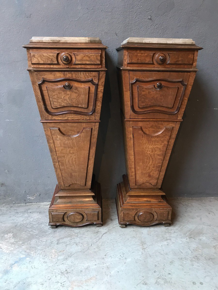 Pair Of Bedside Tables In Burl Walnut With Marble Top, Louis Philippe Period