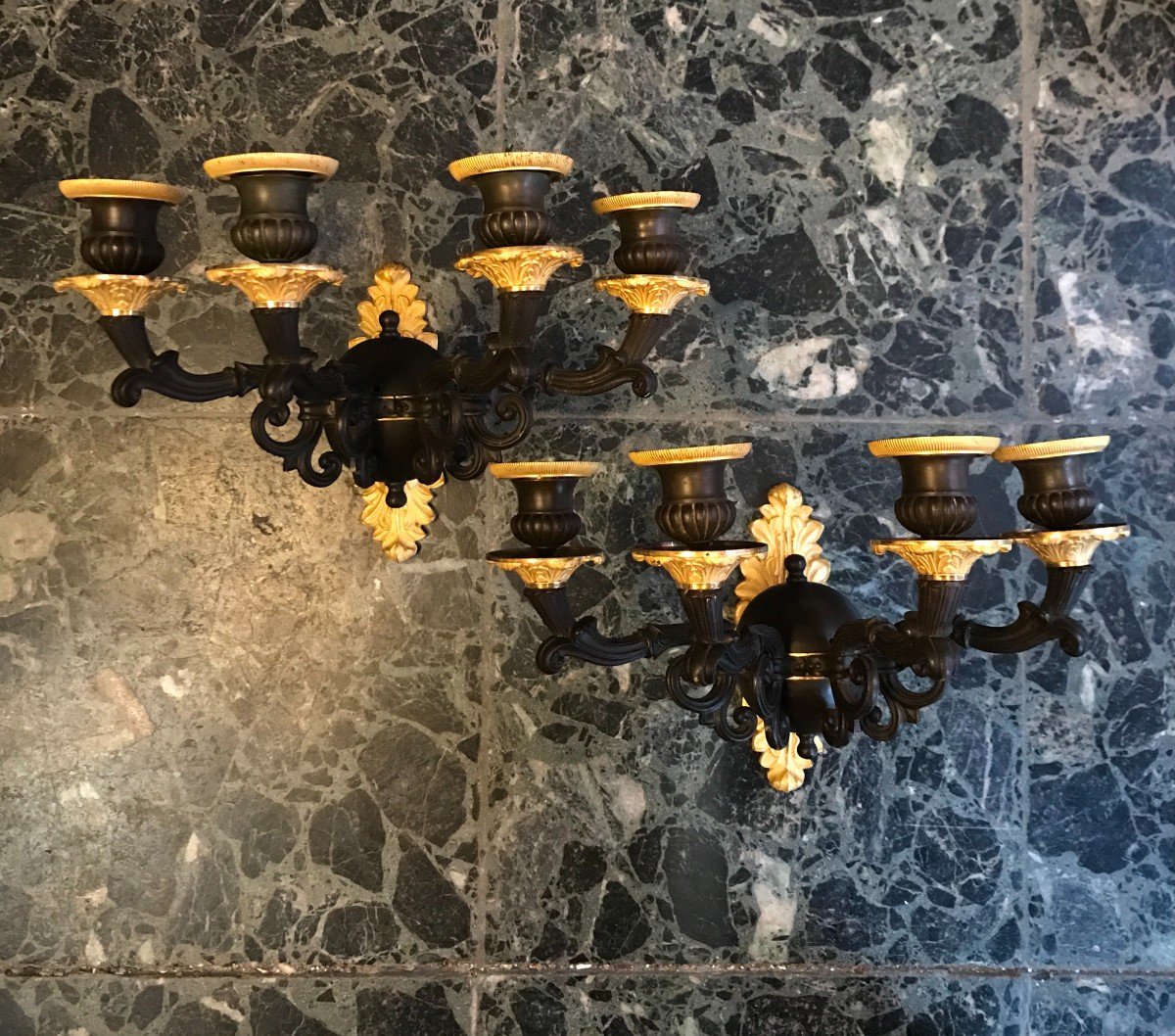 Pair Of 4-arm Bronze Wall Lights From The Restoration Period