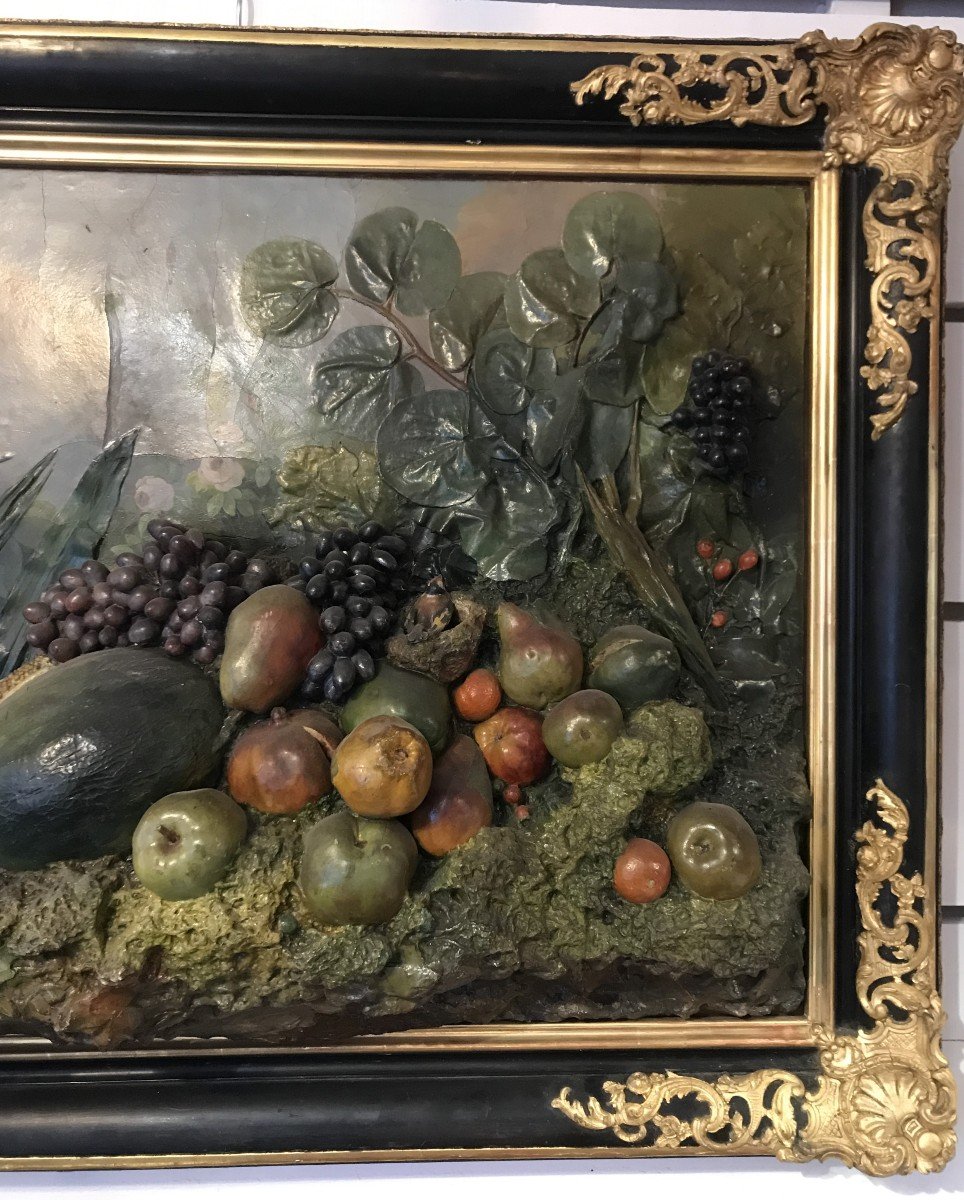 Large Painting Composition In Relief With Fruit Decor Circa 1840-photo-2