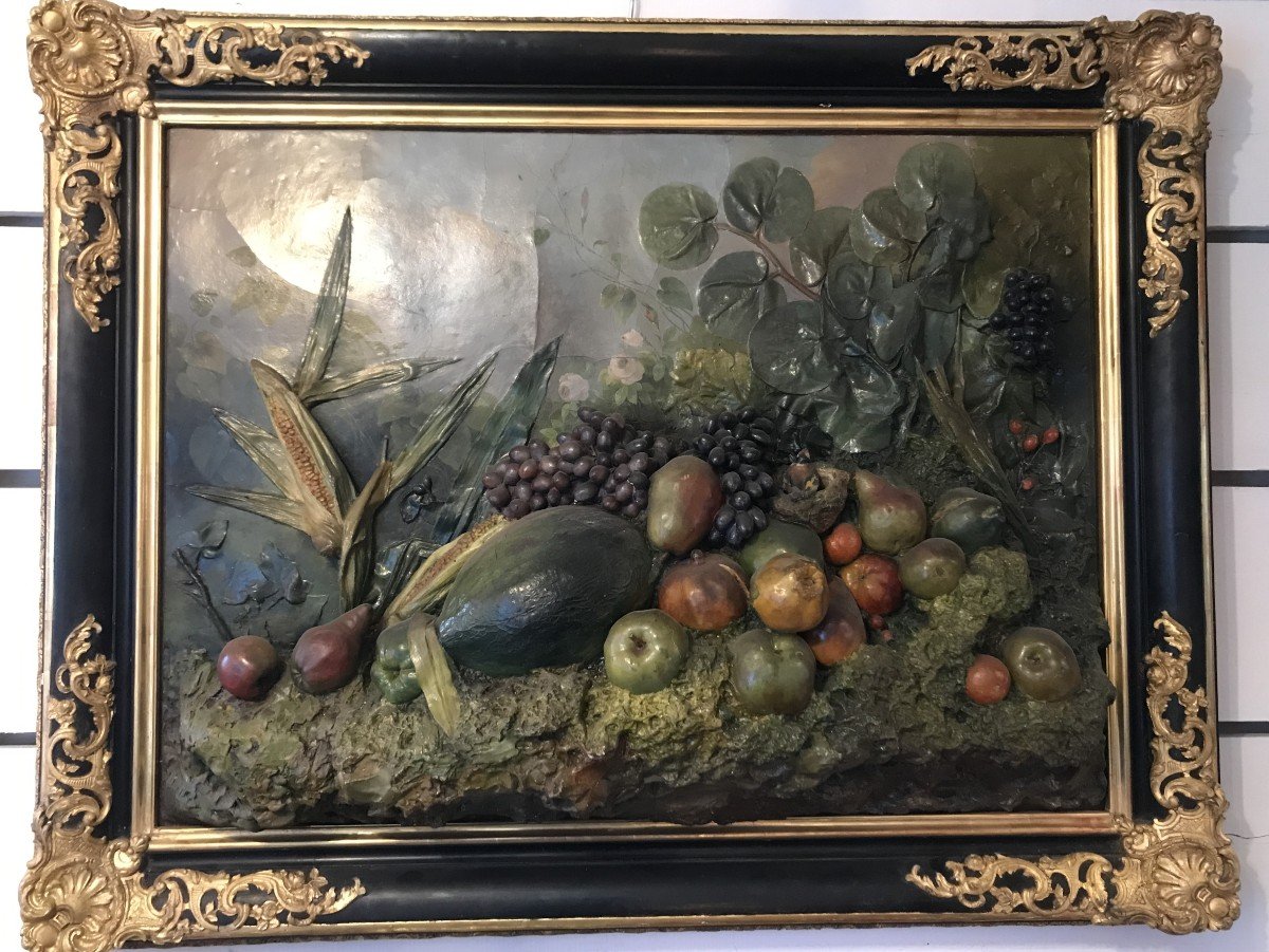 Large Painting Composition In Relief With Fruit Decor Circa 1840