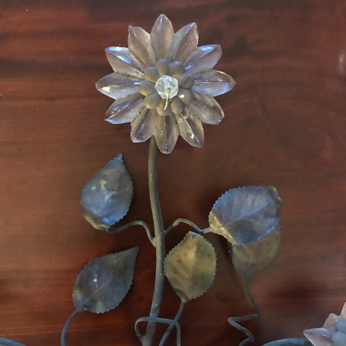 Pair Of Bronze And Brass Wall Lights With Glass Flowers, 19th Century-photo-2