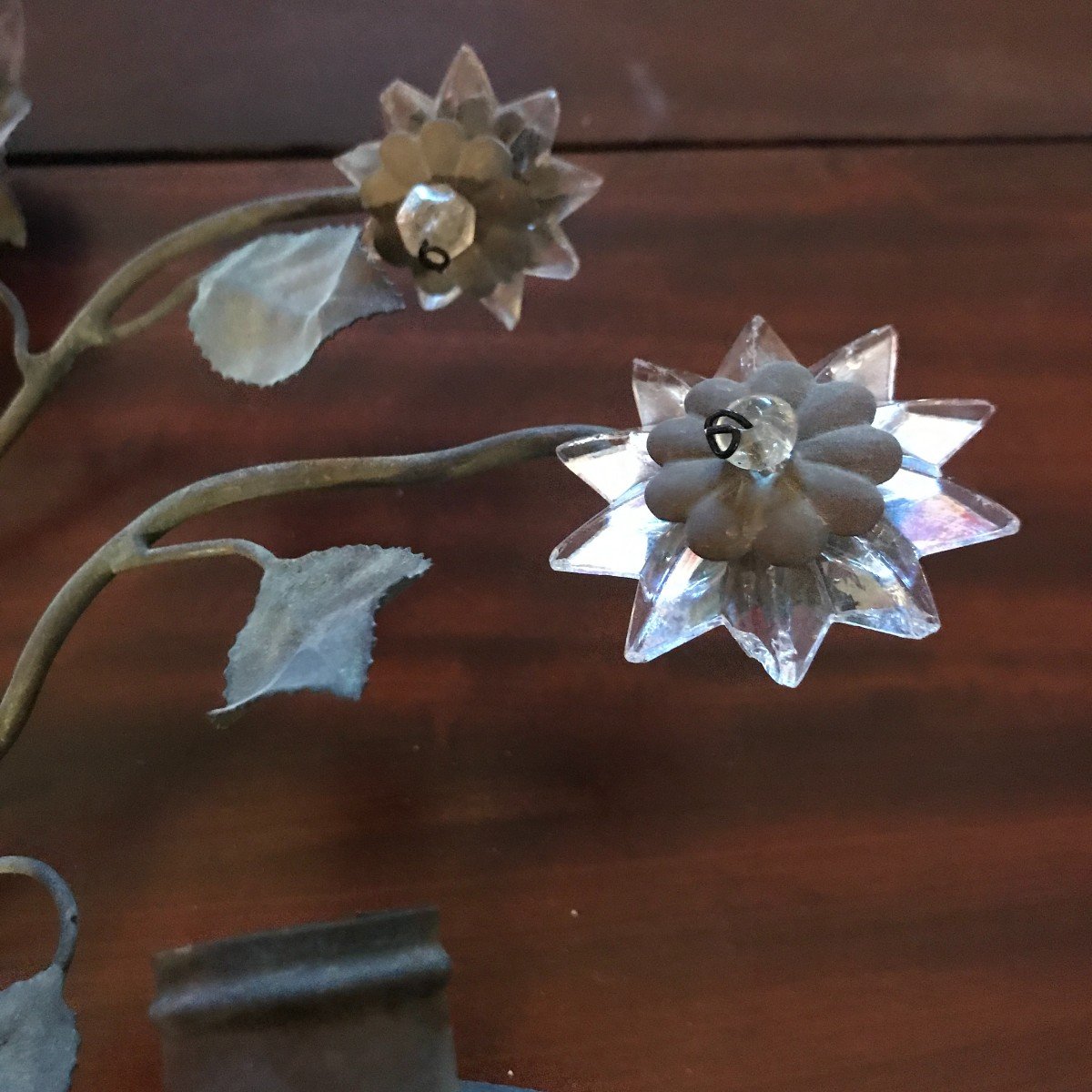 Pair Of Bronze And Brass Wall Lights With Glass Flowers, 19th Century-photo-4