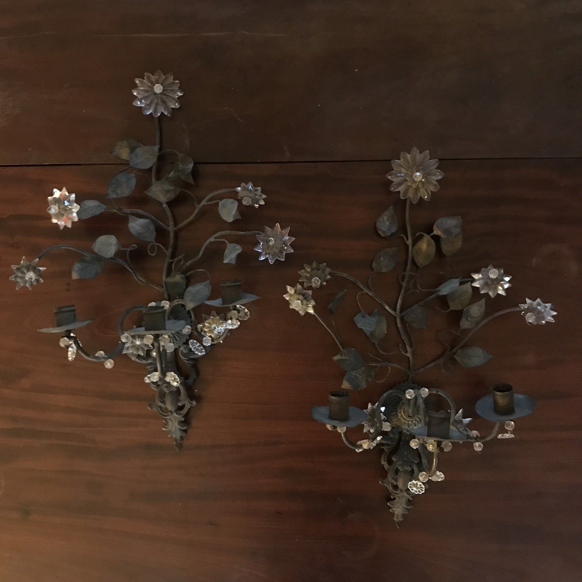 Pair Of Bronze And Brass Wall Lights With Glass Flowers, 19th Century