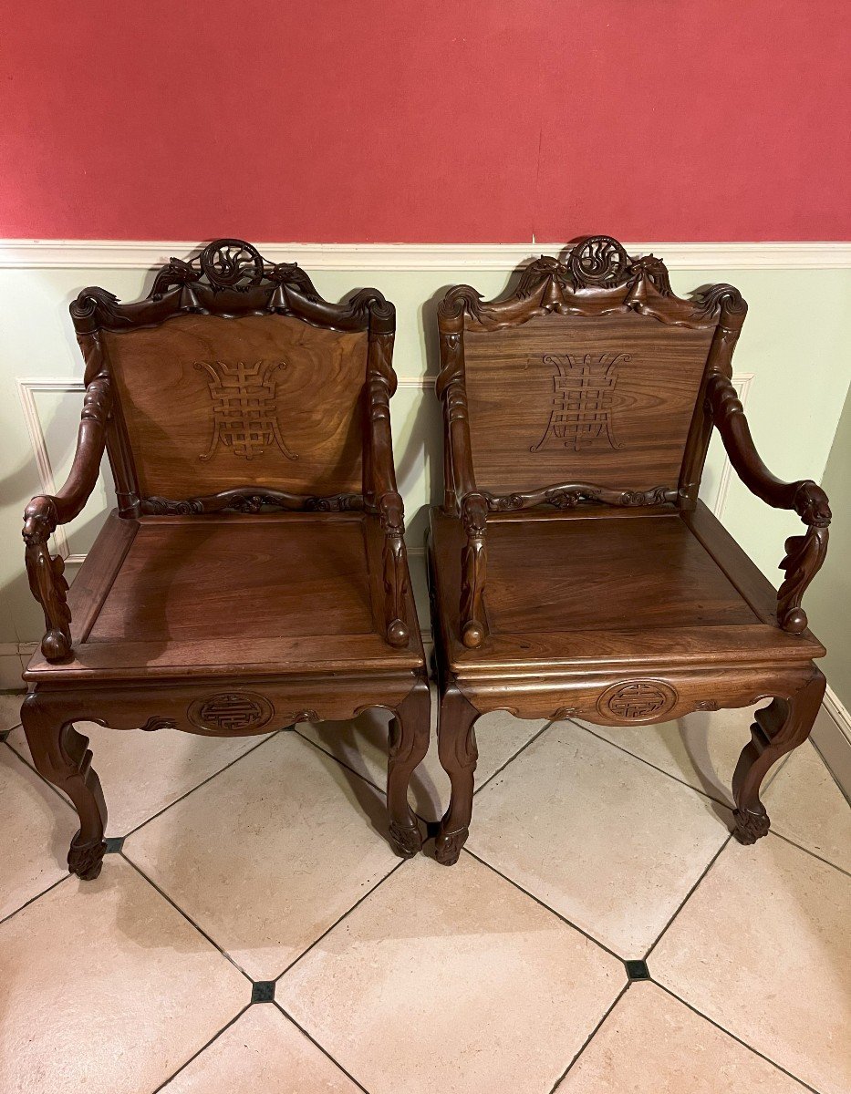 Pair Of Carved Wooden Armchairs With Dragon Motifs China Or Vietnam Late 19th Century