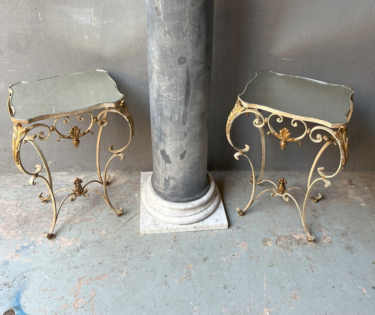 Pair Of Side Tables With Wrought Iron Mirror Top, 1940s