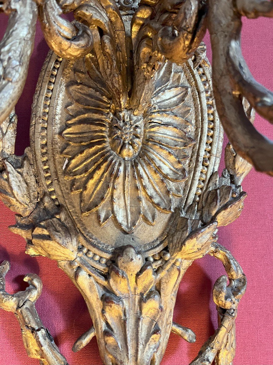 Paire d'Appliques à Deux Branches En Bois Et Stuc Doré Style Louis XVI-photo-4