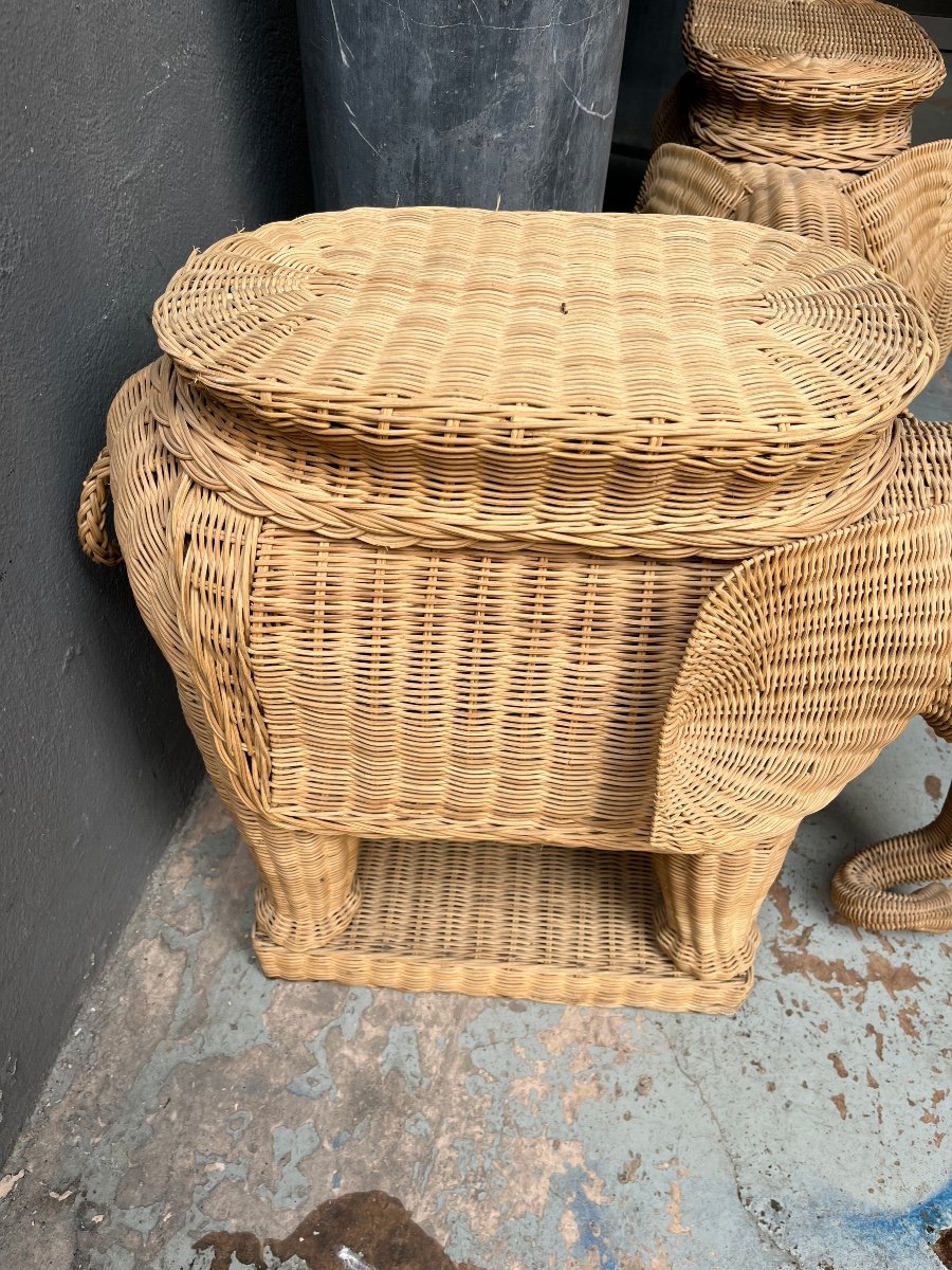 Pair Of 1970s Rattan Elephant Sofa Side Tables-photo-2