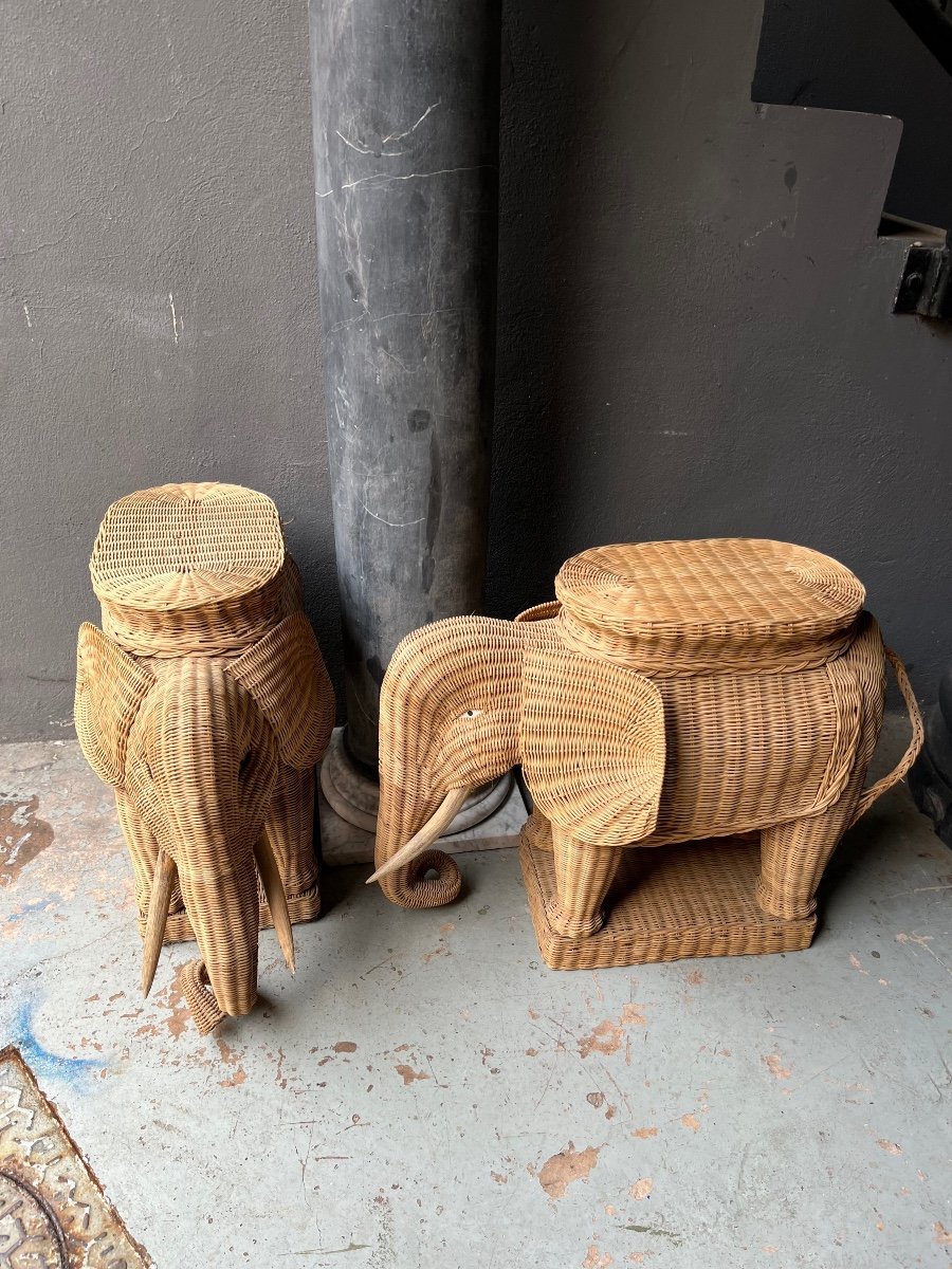 Pair Of 1970s Rattan Elephant Sofa Side Tables