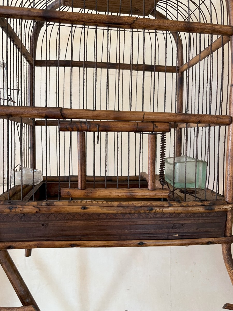 Cage à Oiseaux En Bambou Tournante Début XXème Siècle-photo-2