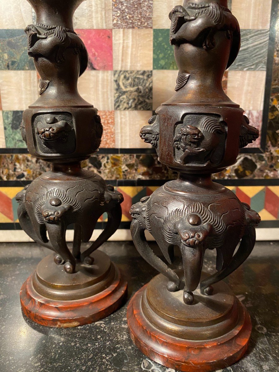 Pair Of Japanese Bronze Candlesticks, Circa 1880-photo-2