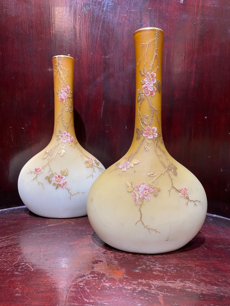 Pair Of Glass Vases With Japanese Decor Circa 1910