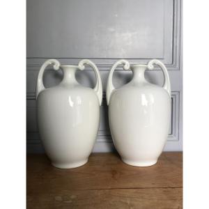 Pair Of Art Deco Period Vases In White Limoges Porcelain