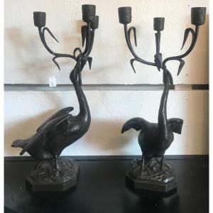 Bronze Geese Making Candelabras Early 20th Century