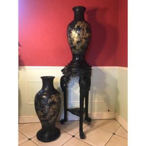 Pair Of Chinese Vases In Black And Gold Lacquered Wood Landscape Decor 