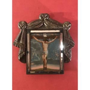 Fixé Sous Verre , Christ En Croix , Encadrement En Bois Argenté , Italie XVIIIème Siècle