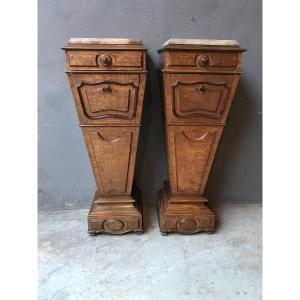 Pair Of Bedside Tables In Burl Walnut With Marble Top, Louis Philippe Period