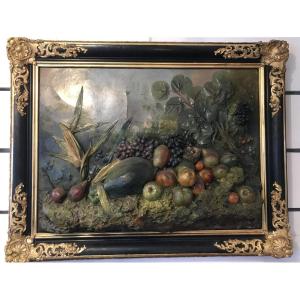 Large Painting Composition In Relief With Fruit Decor Circa 1840