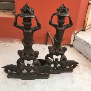 Pair Of Renaissance Style Bronze Andirons 