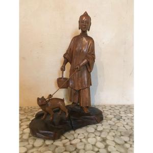 Sujet En Bois Sculpté Jeune Fille Et Son Chien Chine XIXème Siècle