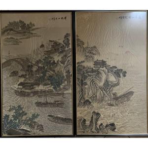 Silk Painting, Boats In A Mountainous Landscape And Palace China 19th Century 