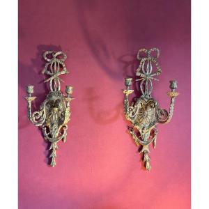 Pair Of Louis XVI Style Two-branch Wall Lights In Wood And Gilded Stucco