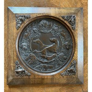 Plaque En Bronze électrotype Chiens De Chasse Richard Rusche XIXème Siècle