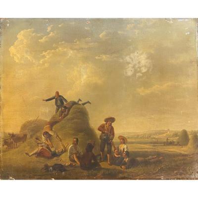 Harvest Scene, Oil On Canvas Signed Bruneau, Circa 1860