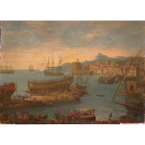 Tableau , huile sur toile , chantier de construction navale XVIIIème siècle