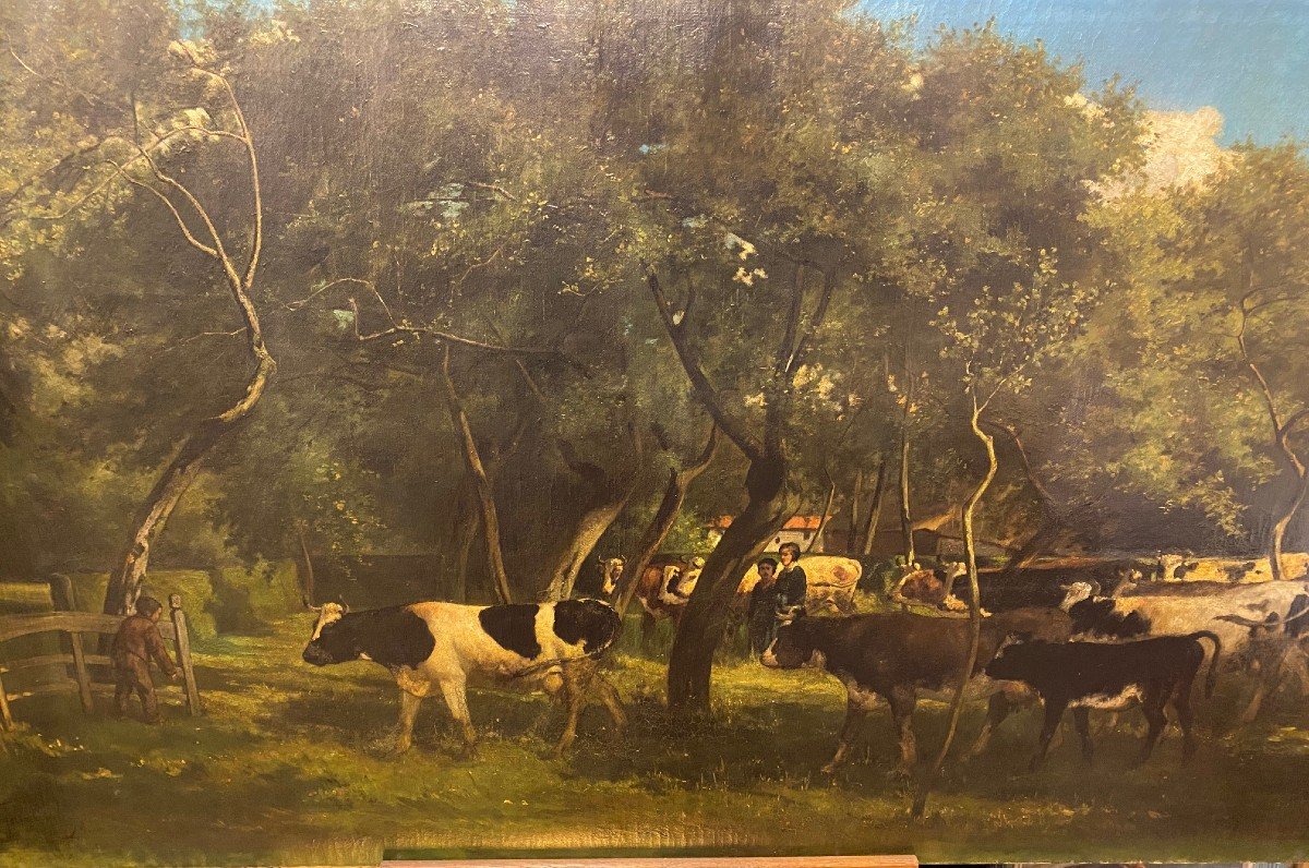 Large Painting "cows In The Meadow" Signed Félix Cogen 19th-photo-4