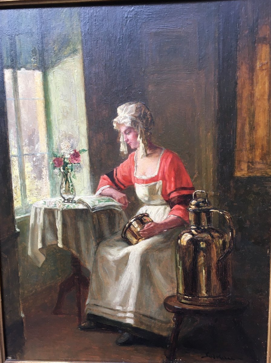 Table Oil On Panel Woman In Her Kitchen Signed Sorkau