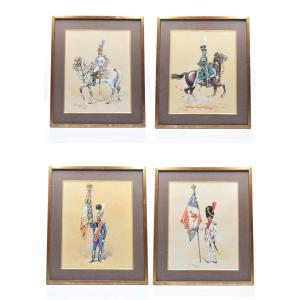 4 Beautiful Military Watercolors Signed Pierre Albert Leroux