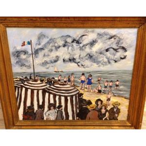 Painting Beach Scene In Deauville By Jean Claude Maas