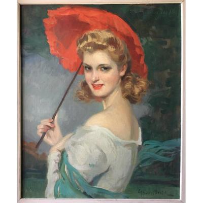 tableau femme a l,ombrelle rouge signé Boulet Cyprien
