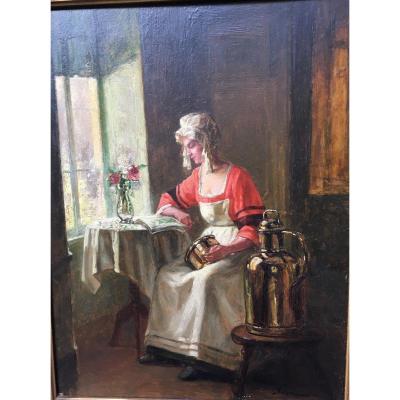 Table Oil On Panel Woman In Her Kitchen Signed Sorkau