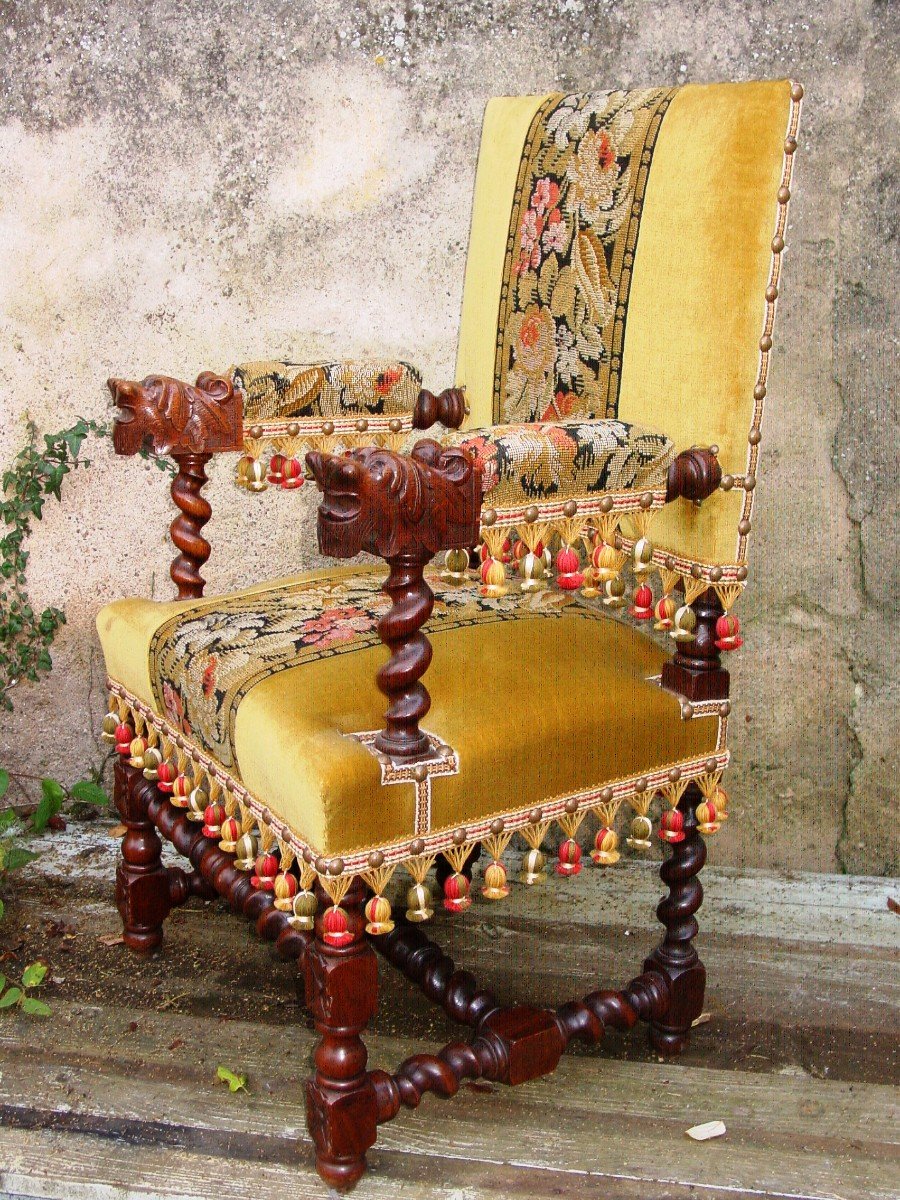 Small Louis XIII Style Oak Armchair Reupholstered Renaissance Tapestry-photo-3