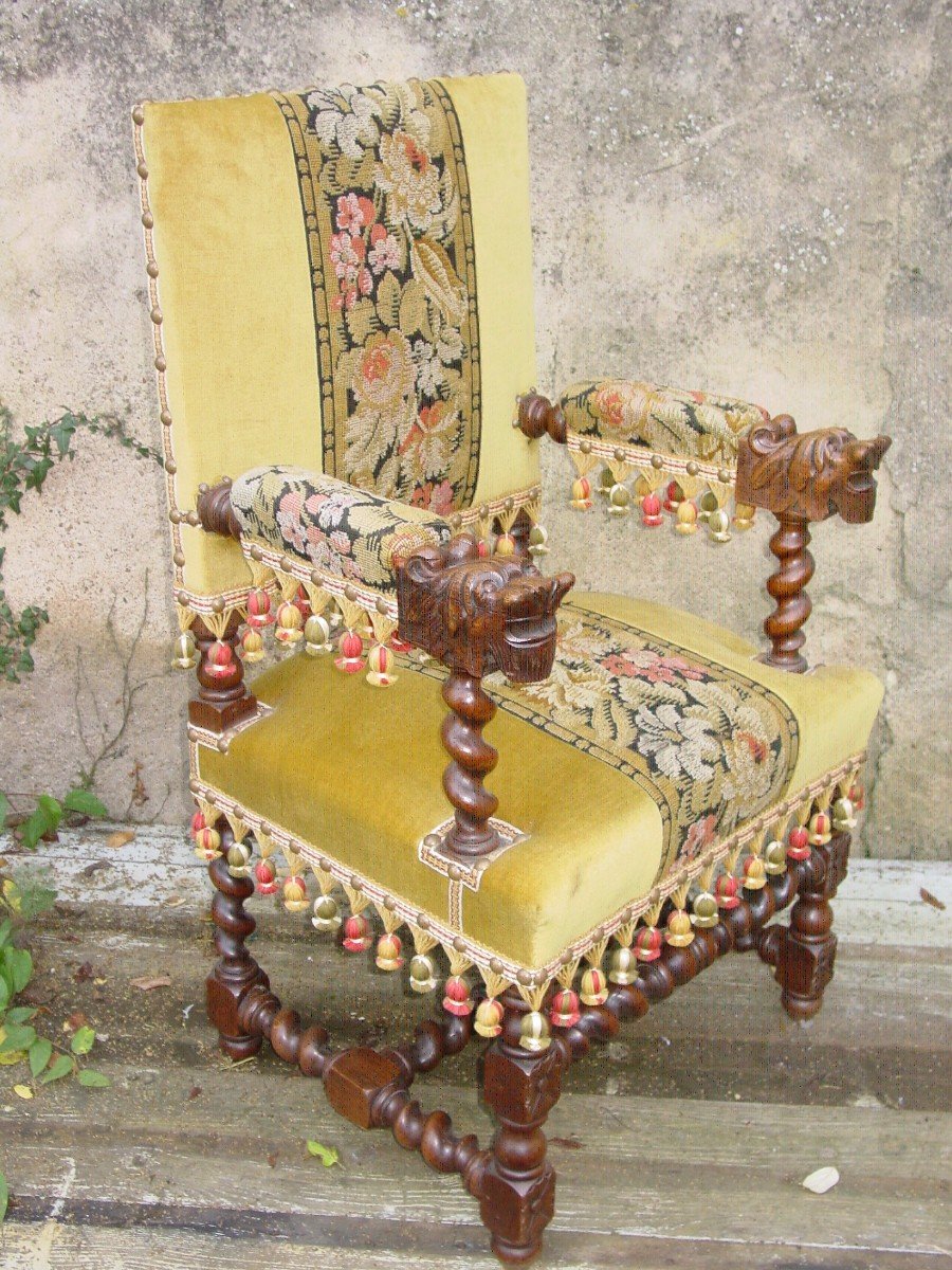 Small Louis XIII Style Oak Armchair Reupholstered Renaissance Tapestry